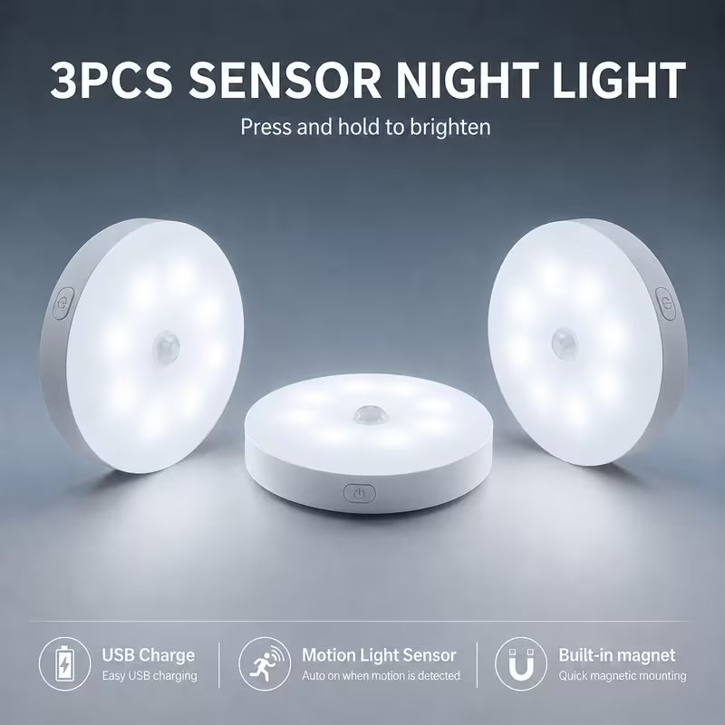 PLOOMI™ MotionGlow — 3-Pack Rechargeable Motion Sensor Lights